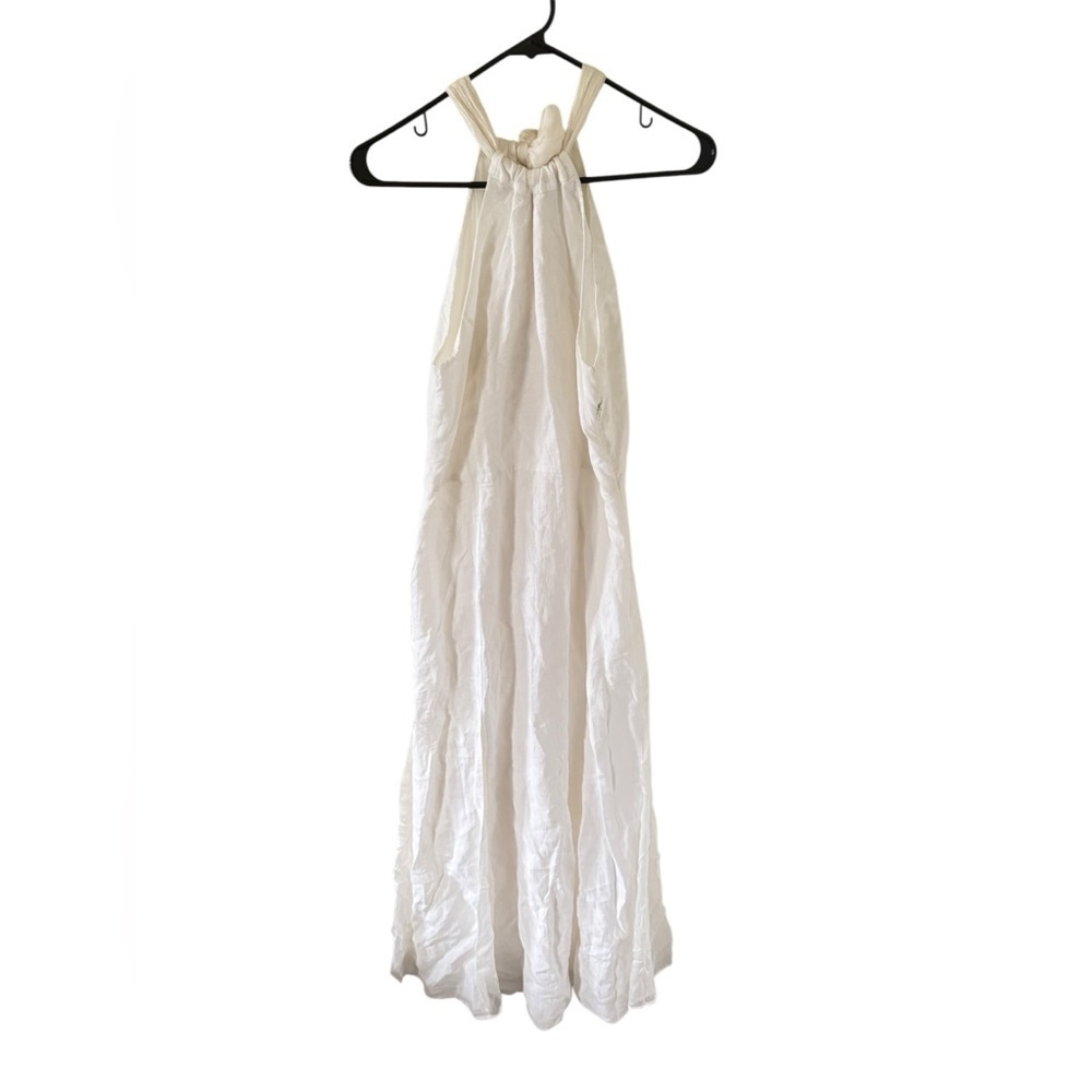 120% Lino White Linen Tie Neck Maxi Halter Dress - Picture 8 of 11
